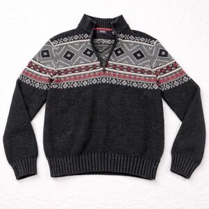 IZOD Mens Quarter Zip Sweater Charcoal Gray Fair Isle Geometric Knit Pullover‎ S